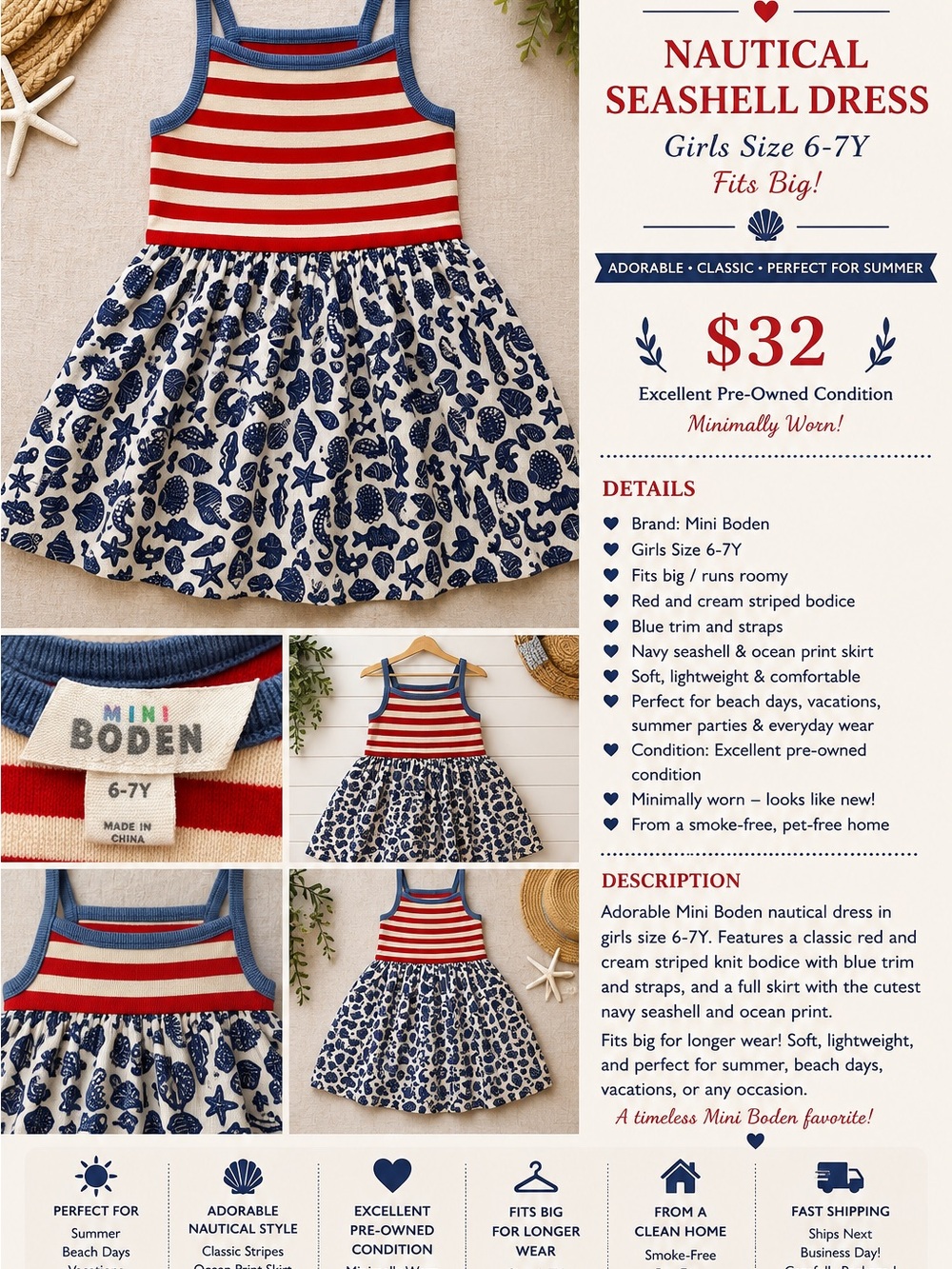 Mini Boden Red, Cream & Navy Girls Nautical Seashell Sundress